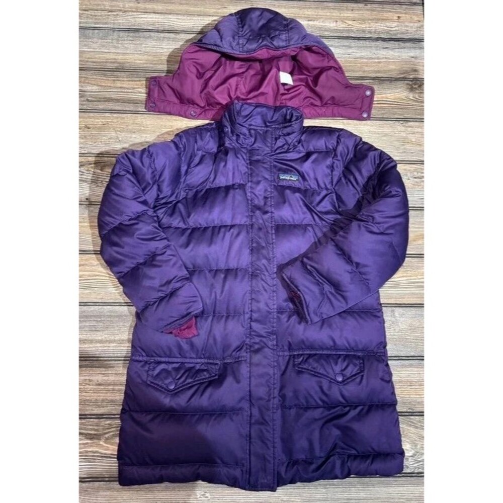Patagonia Duckdown Long Jacket Purple Long Hooded Puffer Coat Size Youth M